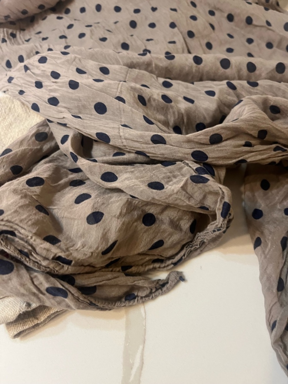 Silk and cotton scarf made in Italy gray background navy dots 80 inches wide